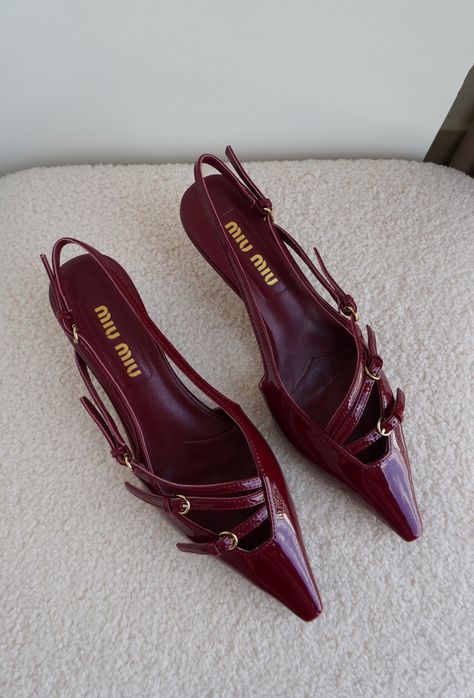 Burgundy Kitten Heels, Miu Miu Slingback, Kitten Heels Outfit, Burgundy Tights, Red Kitten Heels, Miu Miu Heels, Heels Designer, Heels Aesthetic, Burgundy Boots