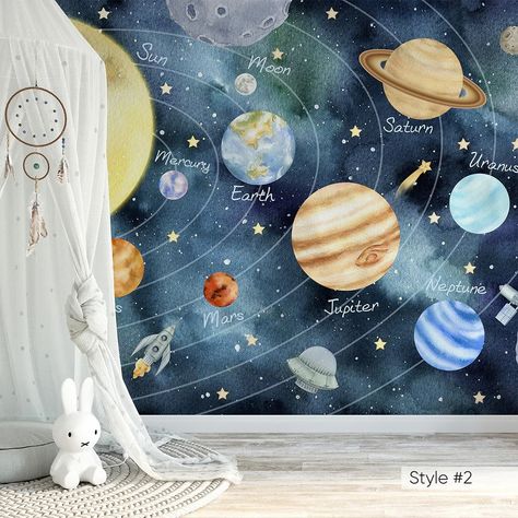 Self Adhesive Temporary Removable Vinyl Wallpaper Or Polyester Fabric Wallpaper with Soft Beige and Blue Space Starlight, Sun, Planets, Stars and Satellites Wall Decal. Great for Boys room, Nursery room, Girls room, Bedroom, Living Room. Planets Bedroom, Solar System Room, Boys Bedroom Wallpaper, Outer Space Wallpaper, Planet Wallpaper, Tiny Nursery, Space Decals, Mini People, Toddler Boy Room Decor