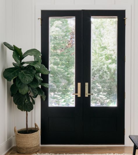 Black Front Door Gold Hardware, Gold Ensuite, French Door Entryway, Modern Front Porch Decor, Black French Doors, Modern Front Porches, Front Door Styles, Floor Renovation, Balcony Doors