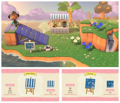 Made a fish stall and a diving sign for my diving area!! Hope you enjoy it :) : ACQR Animal Crossing Fish, Animal Crossing Custom Designs, Designs Patterns, Enjoy It, Custom Items, Animal Crossing, Diving, Kids Rugs, Custom Design