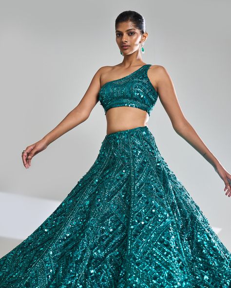 Teal Sequin Lehenga Set | Seema Gujral Latest Dress Patterns, Teal Lehenga, Lehenga Embroidery, New Lehenga, Sequin Lehenga, Sequin Embroidery, Indian Clothing, Net Dupatta, Sequins Embroidery