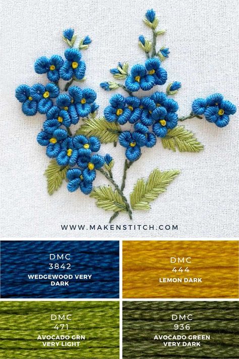 Blue Embroidered Flowers, Embroidery Thread Palette, Dmc Embroidery Patterns, Embroidery Color Combinations, Embroidery Blue Flowers, How To Embroider Flowers, Embroidery Flower Tutorial, Blue Embroidery Flowers, Embroidery Color Palette