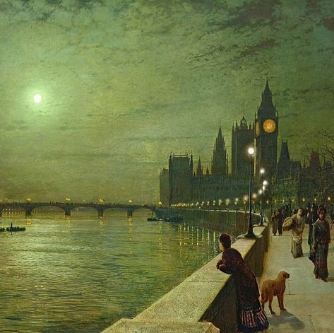 John Atkinson Grimshaw (1836–1893): Reflections on the Thames, Westminster (detail), 1880, oil on canvas, 76.2 x 127 cm, Leeds Art Gallery, England Leeds Art Gallery, John Atkinson Grimshaw, Atkinson Grimshaw, Albert Bierstadt, Classic Paintings, European Art, Painting Photos, Oil Painting Landscape, Urban Landscape