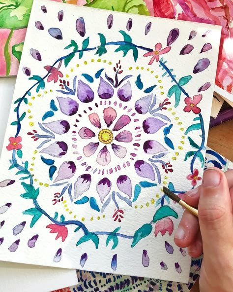 Watercolor Mandala Art, Watercolour Mandala, Colorful Mandala Design, Simple Mandala Design, Mandala Watercolor, Watercolor Mandala, Sacred Geometry Patterns, Painting Flowers Tutorial, Easy Mandala Drawing