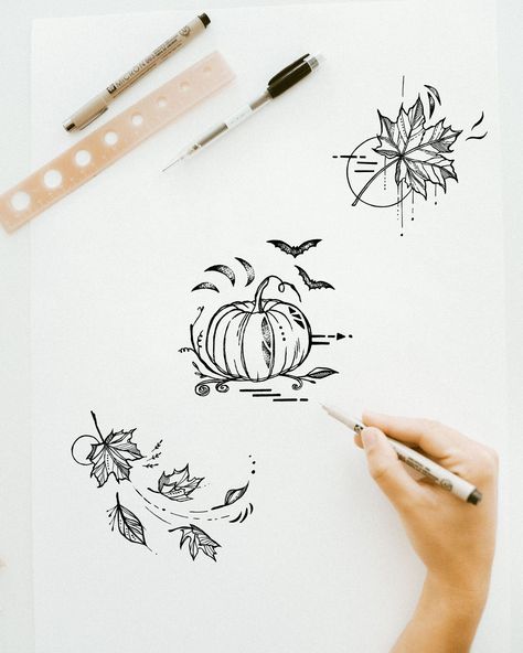 Autumn tattoo - leaves, Halloween, pumpkin line-drawing artwork delicate small tiny tattoo idea Autumn Tattoo Black And White, Tattoos For Fall Lovers, Halloween Leaf Tattoo, Fall Leaves Line Art, Autumn Leaves Tattoo Design, Pumpkin With Vines Tattoo, Fallen Leaves Tattoo, Delicate Halloween Tattoo, Autumn Leaf Tattoo Black