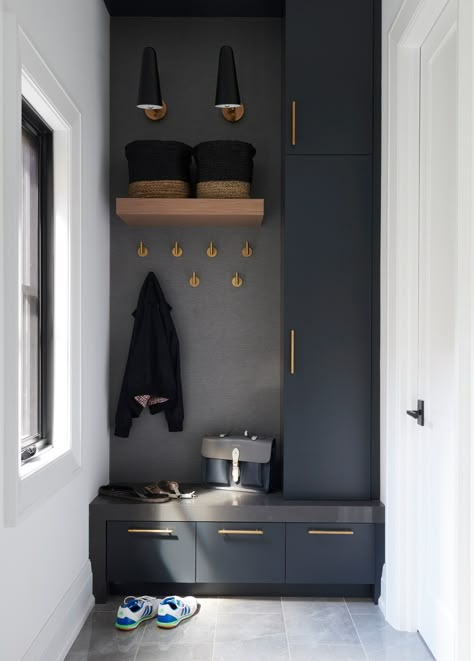 Tiny Mud Room Entry, Entryway Jacket Storage, Entryway With No Closet, Moody Mud Room, Entryway Open Concept, Contemporary Mudroom, Chevron Pattern Floor, Vstupná Hala, Entry Storage