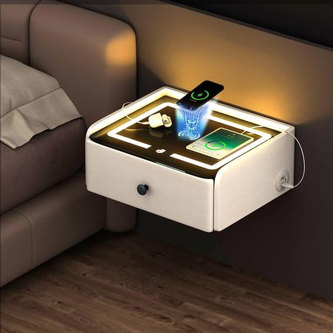 HOMEMORE Bedside Table Floating Bedside Table with Charger LED Nightstand with Charging Smart Nightstand Bedroom Options for Young People.Whit Floating Nightstand Bedroom, Nightstand Floating, Smart Nightstand, Led Nightstand, Nightstand Bedroom, Floating Bedside Table, Pot Lid Organization, Table Led, Nightstand Storage