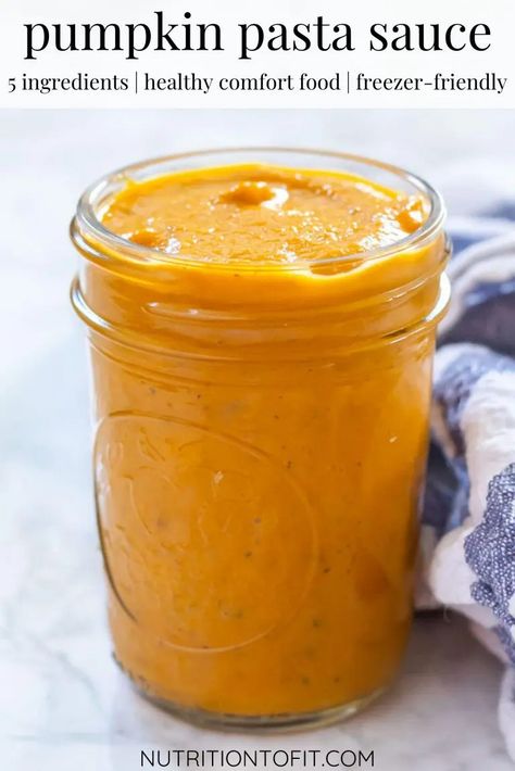 Pumpkin Pasta Sauce - Nutrition to Fit | Lindsey Janeiro - No Fuss, Healthy Recipes! Easy Pumpkin Pasta, Pumpkin Nutrition, Healthy Comfort Food Dinners, Pumpkin Chia Pudding, Baked Pumpkin Oatmeal, Pumpkin Pasta Sauce, Savory Pumpkin, Vegan Pasta Dish, Pumpkin Recipes Healthy