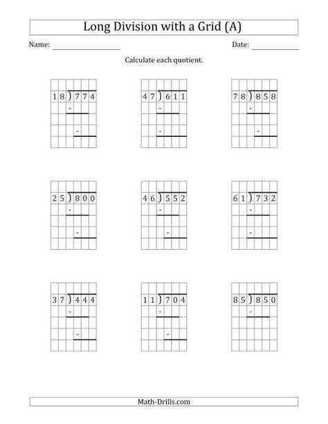 The 3-Digit by 2-Digit Long Division with Grid Assistance and Prompts and NO Remainders (A) Math Worksheet Long Division With Remainders, Division With Remainders, Easter Math Worksheets, Fact Family Worksheet, Thanksgiving Math Worksheets, Money Math Worksheets, Number Sense Worksheets, Multiplication Facts Worksheets, Division Math