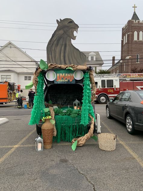 Jumanji Trunk Or Treat, Trunk Or Treat Ideas For Cars Jungle, Trunk Or Treat Safari Theme, Jungle Trunk Or Treat, Jungle Trunk Or Treat Ideas, Shrek Trunk Or Treat, Jumanji Float Ideas, Jungle Parade Float, Jungle Theme Parade Float