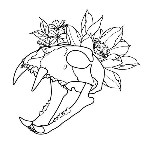 Animal Skull Tattoo Flowers, Bones And Flowers, Animal Skull Tattoo, Jasmine Bouquet, Bones Tattoo, Flowers Tattoo Design, Skull Tattoo Flowers, Tiger Skull, Beginner Tattoos