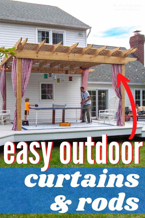 Easy Outdoor Curtains and Curtain Rods For Your Patio, Porch or Pergola! Outdoor curtains can give your outdoor living space a high-end look, and with this DIY, you won't break the bank! #outdoorcurtains #outdoorcurtainsforpatio #outdoorcurtainsforpatiodiy #outdoorcurtainsforporch #outdoorcurtainsdiy #outdoorcurtainsfordeck #outdoorcurtainsforpergola #outdoorcurtainrods ##outdoorcurtainroddiy #outdoorcurtainrodsforporch #outdoorcurtainrodsforpergola #outdoorcurtainrodsforpatio Deck Curtains, Outside Curtains, Outdoor Curtain Rods, Gazebo Curtains, Pergola Outdoor, Diy Curtain Rods, Diy Curtain, Outdoor Curtains For Patio, Porch Curtains