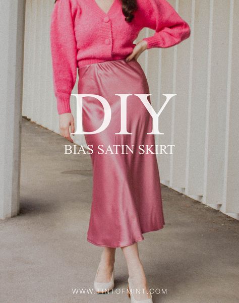 Step by step easy sewing tutorial on how to make bias cut midi satin skirt. Manchester based Fashion Blogger @tint.ofmint created a new DIY blog post. Free pattern / free sewing tutorial. Satin slip skirt. PDF pattern download Slip Skirt Pattern Free, Bias Skirt Pattern Free, Diy Satin Skirt, Satin Skirt Pattern, Slip Skirt Pattern, Long Skirt Pattern, Diy Skirts, Midi Skirt Pattern, Skirt Pattern Free