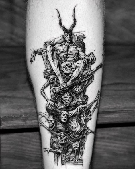 Two In One Tattoo, Cursed Tattoo Design, Scp Tattoo Ideas, Horror Blackwork Tattoo, Skeleton King Tattoo, Dark Art Tattoo Sleeve, Dark Art Tattoos, Sleave Tats, Reaper Scythe Tattoo