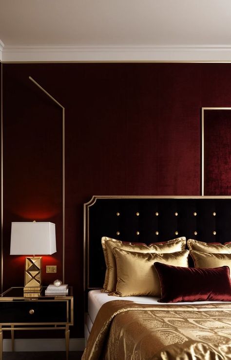 Red Black And Gold Bedroom, Burgundy And Gold Bedroom, Black And Red Bedroom Aesthetic, Red And Gold Room, Red And Gold Bedroom Ideas, Red And Gold Bedroom, Red Aesthetic Bedroom, Dark Red Bedroom, Sultry Bedroom