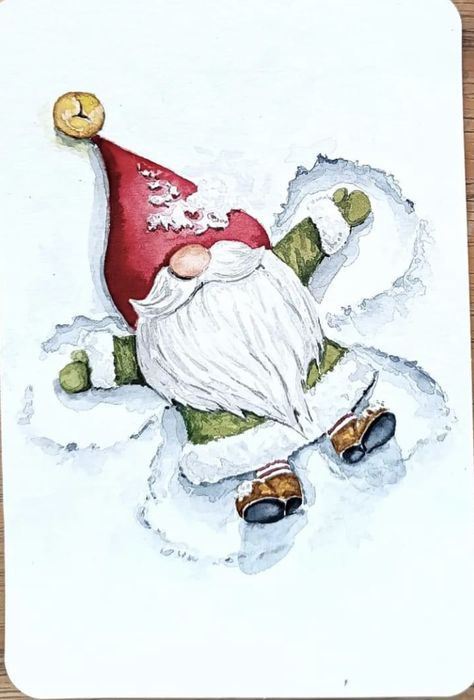 Snowman Watercolor Paintings, Christmas Gnomes Watercolor Painting, Whimsical Christmas Watercolor, Christmas Gnome Watercolor, Watercolor Gnomes Christmas, Christmas Pastel Art, Watercolor Poinsettia Tutorial, Watercolour Xmas Cards, Watercolor Xmas Cards