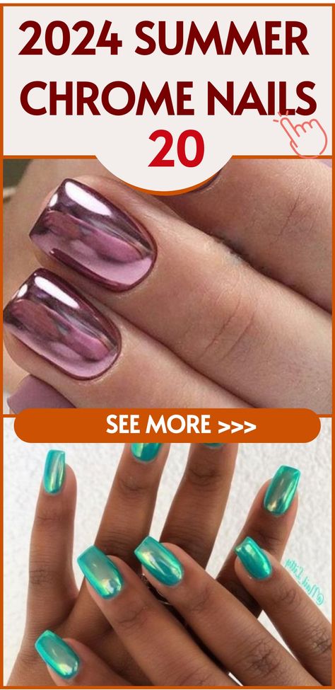 Chrome Nails With Accent Nail, Short Summer Nails 2024 Chrome, Chrome Nail Colors Chart, Summer Metallic Nails, Birthday Chrome Nails, Beach Chrome Nails, Chrome Nails Designs Summer, Chrome Vacation Nails, Rose Gold Chrome Nails Designs