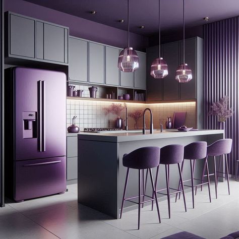 Purple Kitchen Purple Grey Kitchen, Purple Kitchen Ideas, Purple Kitchen Walls, Violet Kitchen, Kitchen Purple, Purple Cabinets, Purple Dining Room, Kitchen Laminate, Colorful Rooms