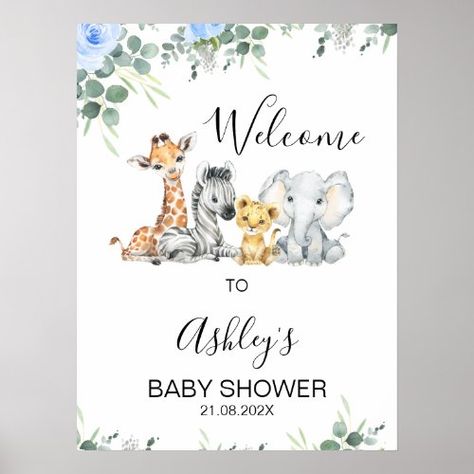 Blue Floral Safari Baby Shower Welcome Sign for $18.20 - Baby Shower Invitations Blue Safari Baby Shower Boy, Safari Baby Animals, Animal Baby Shower Theme, Shower Welcome Sign, Animal Baby Shower, Blue Baby Shower, Baby Shower Welcome Sign, Safari Baby, Safari Baby Shower