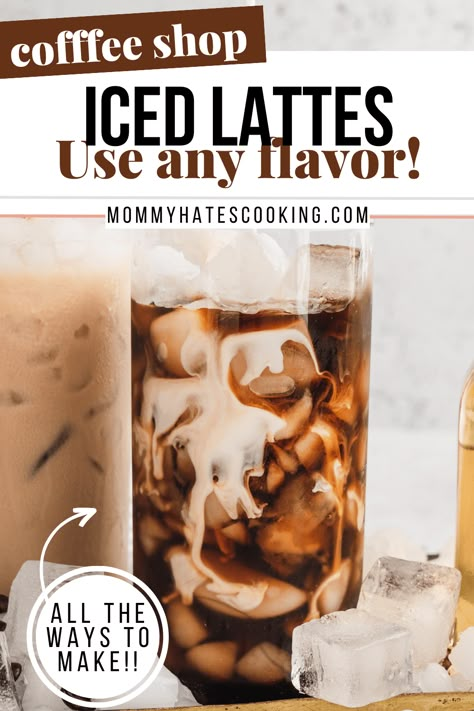 Learn how to make an iced latte at home, this recipe uses 3 main ingredients as the base and any flavor can be used! Iced Latte At Home, Cold Coffee Drinks Recipes, Iced Latte Recipe, Cappuccino Recipe, Italian Cream Soda, Iced Lattes, Latte At Home, Hot Drinks Recipes, Coffee Ice Cubes