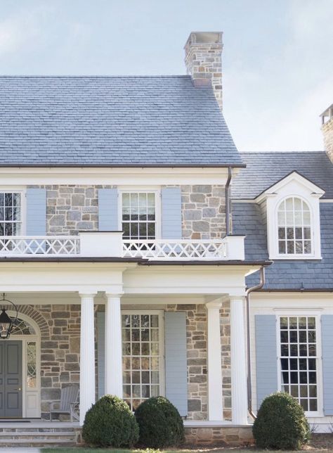 Timeless Exterior Home Design, White Brick Blue Shutters, Scalloped Shingles Exterior, Coastal Brick House, Hamptons Cottage Exterior, Colonial Home With Front Porch, Colonial House With Stone Accent, Houses With Front Porches, Traditional New England Home Exterior