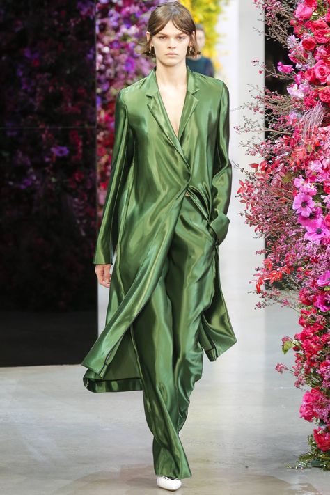 Shape Mirror, Runway Gowns, Satin Coat, Liquid Satin, Monochrome Fashion, Green Pants, Jason Wu, Fall 2018, Bright Green