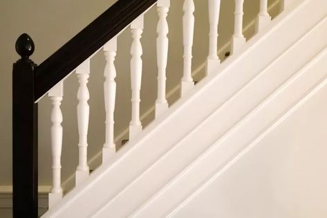 How to Remove Varnish and Paint From a Wooden Banister | Hunker Painting Bannister, Paint Banister, Remove Varnish From Wood, Wooden Banister, Painted Banister, Wood Banister, Scrape Painting, White Staircase, Stair Spindles