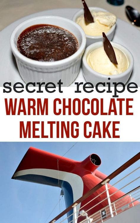 carnival warm chocolate melting cake recipe Carnival Cruise Recipes, Fav Dessert, Melting Cake, Cruise Recipes, Chocolate Melting Cake, Carnival Eats, Carnival Cruises, Chocolate Melting, Carnival Magic