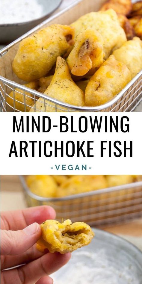 Mind-Blowing Vegan Artichoke Fish - The flaky texture of artichokes is perfect to make vegan fish. It's super easy to make: The artichokes are battered, fried, and served with potatoes and vegan tartar sauce. | ElephantasticVegan.com #vegan #veganfish #artichoke Artichoke Fish, Vegan Tartar Sauce, Palm Hearts, Vegan Artichoke, Vegan Meat, Vegan Fish, Tartar Sauce, Vegan Appetizers, Idee Pasto Sano