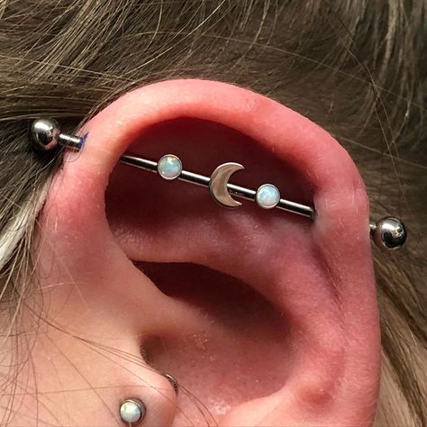 Aleen on Instagram: “Scaffold piercing done today using two white opal attachments and a moon attachment from @qualitibodyjewellery you can get one of these for…” Ear Piercings Scaffold, Scaffold Piercing, Nickel-free Celestial Silver Piercings, Daith Earrings Moon, Scaffolding Piercing, Opal Medusa Piercing, Scaffolding, Girl Body, White Opal