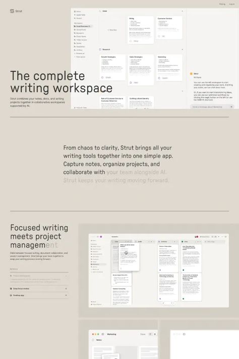 Discover a Minimalist Clean Webflow Website Example with Strut. Explore modern design, AI-supported writing workspace, and seamless functionality for writers and teams. Experience efficiency and simplicity in web design.

Site: Strut Writing Workspace, Webflow Website, Web Design Inspiration, Writers, The Struts, Work Space, Modern Design, Web Design, Design Inspiration