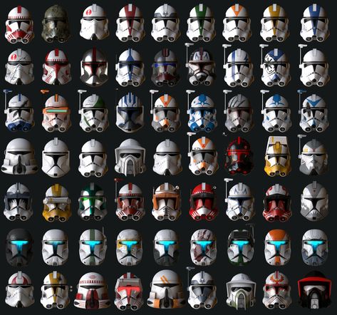 "Star Wars Clone Trooper Helmets" by Morten Langelund Jakobsen Star Wars Legion Clones, Star Wars Helmets, Mando Helmet, Clone Helmet, Star Wars Infographic, Clone Trooper Armor, Clone Trooper Helmet, Star Wars Helmet, Star Wars Clone