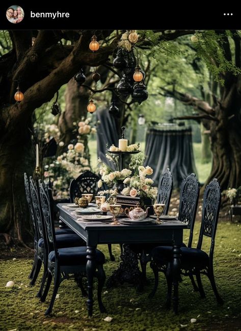 Goth Garden Party, Dark Fairytale Decor, Dark Garden Party Aesthetic, Dark Garden Party, Gothic Tea Party Aesthetic, Dark Tea Party Aesthetic, Goth Tea Party, Tea Party Dark Aesthetic, Black Tea Party