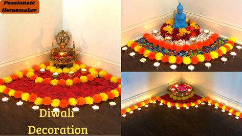 Corner Decoration For Diwali, Urli Decoration Ideas With Rangoli, Rangoli Design For Corner, Corner Rangoli Designs With Flowers, Corner Flower Rangoli, Haldi Kunku Decoration At Home, Diwali Corner Decoration, Corner Rangoli Designs Diwali, Trendy Rangoli Designs