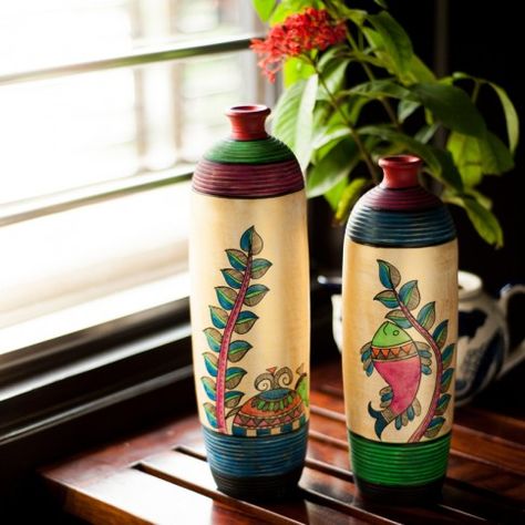 Madhubani Handpainted Bottle Shape Terracotta Vase Set Terracotta Vase, Glass Bottles Art, Pottery Painting Designs, Diy Bottle Crafts, Interior Painting, Madhubani Painting, Glass Bottle Crafts, Pot Designs, Antique Vase