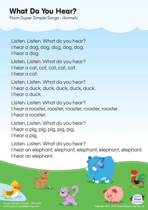 What Do You Hear? Lyrics Poster - Super Simple Infant Songs, Animal Classroom, A3 Size Paper, Animal Song, Kindergarten Esl, Farm Animals Preschool, Nursery Rhymes Lyrics, Language Development Activities, Animals Preschool