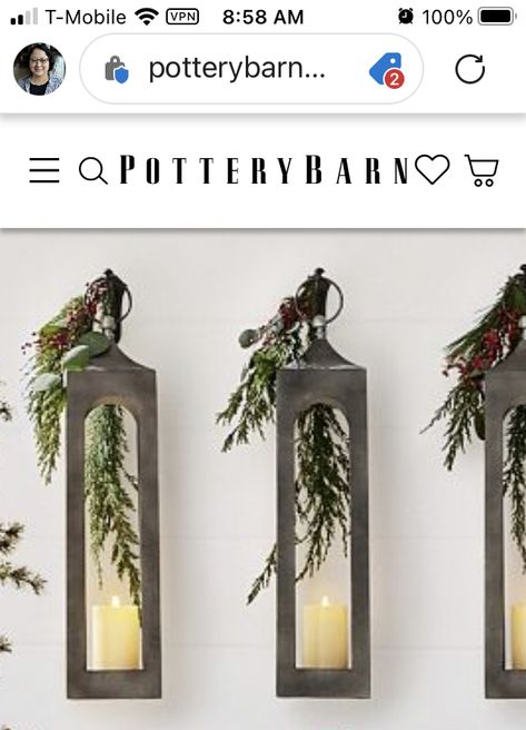 Lanterns With Greenery, Winter Christmas, Candle Sconces, Wedding Reception, Lanterns, Christmas Crafts, Wall Lights, Candles, Lighting