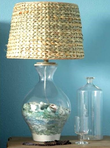 Beach Glass Lamps  Filled -Bright Decorating Idea for Beachcombers Fillable Lamp, Beach Lamps, Diy Luminaire, Deco Marine, Bright Decor, Beachy Decor, Glass Lamps, Wicker Decor, Beach Crafts