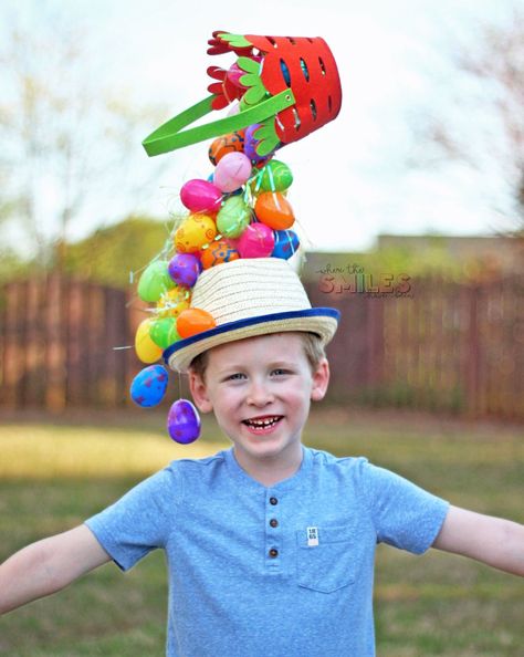 DIY Easter Hat: A Gravity-Defying Basket'O'Eggs! | Where The Smiles Have Been #Easter #EasterEggs #EasterBasket #EasterHat #EasterBonnet #EasterParty #EasterCraft #SpringCraft #DIYhat #Hat #KidCraft #GravityDefying Easter Hat, Creative Hats, Boys Easter Hat, Easter Bonnets For Boys, Easter Hat Parade, Monster Valentines, Crazy Hat Day, Easter Hats, Hat Day