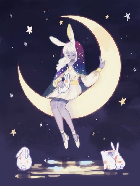 Moon Bunny Art, Sitting On Cloud Drawing, Moon Character Design, Space Rabbit, Space Bunny, Moon Oc, Anime Moon, Moon Bunny, Space Bunnies