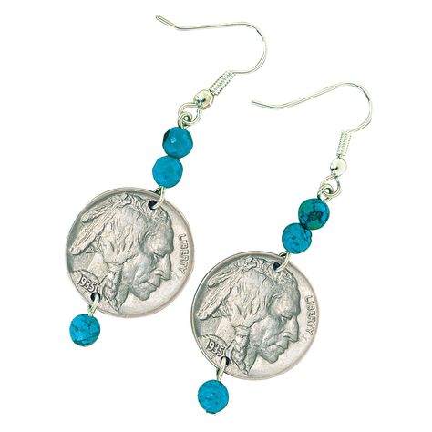 PRICES MAY VARY. Wild, Wild West Genuine US Coins Dangle Earrings Comes in white jewelry box Includes A Certificate of Authenticity, 1 Year Manufacturers Warranty Display your true American spirit and pride by wearing these beautiful Buffalo earrings. The dangling earrings showcase turquoise beads surrounding a Buffalo Nickel with the obverse (Indian Head) facing outward. Includes a Certificate of Authenticity. Buffalo Nickel Jewelry, Coin Jewelry Diy, Turquoise Jewelry Outfit, Buying Gold, Jewelry Advice, Turquoise Jewelry Native American, Buffalo Nickel, Coin Earrings, Earring Display