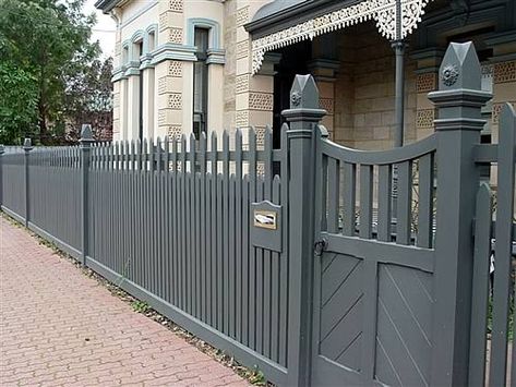 Grey Picket Fence, Tudor Style Fence, Grey Wooden Fence, Picket Fence Color Ideas, Tudor Fence, Bungalow Fence, Victorian Fence, Grey Fence, Timber Fence