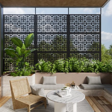 6 ft. H x 4 ft. W Metal Privacy Screen Panel Pattern Metal Privacy Screen Panels, Curved Privacy Screen, Metal Privacy Wall Outdoor, Outdoor Metal Privacy Screens, Steel Privacy Screen, Outdoor Screen Panels, Beachy Boho Bedroom, Outdoor Privacy Panels, Metal Screen Panels Lowe's