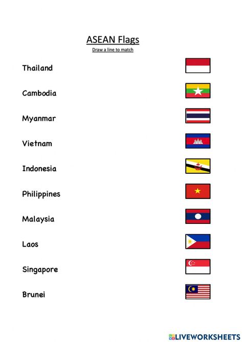 Asean Flag, Match Worksheet, Asian Flags, Community Places, Flag Drawing, Continents And Oceans, Cardinal Directions, China Flag, Community Helper