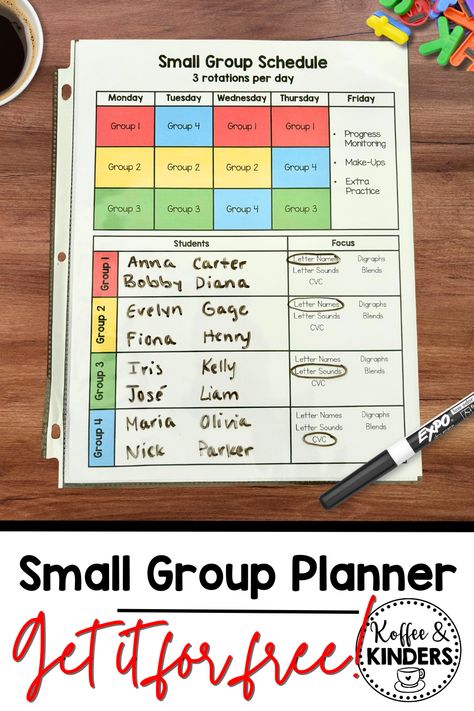 Read to see how I plan and organize activities to run my small phonics groups in the beginning of the school year!  Plus get this FREE customizable small group planning template to organize your own groups! #Kindergarten #Phonics #SmallGroups Small Group Teacher Organization, Small Group Centers, 2nd Grade Ela Centers Small Groups, Guided Reading Groups Organization, Small Group Management Ideas, Small Group Planning Template Free, Small Group Tracking Sheet, Small Group Phonics Activities, Sor Small Group Lesson Plan