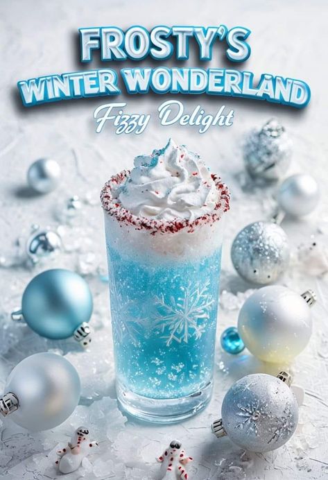 So pretty and festive ✨️ ❤️❄️🎄 ❄️ Frosty's Winter Wonderland Fizzy Cocktail ⛄️✨ Turn up the holiday cheer with this frosty, fizzy cocktail that's as magical as a snowy winter night! Ingredients: 1 cup lemon-lime soda 1/2 cup blue curaçao liqueur 1/4 cup coconut rum Crushed ice Whipped cream (for topping) Red sanding sugar (for the rim) Silver edible glitter (optional for sparkle) Instructions: Prepare the Rim: Moisten the rim of a tall glass with water or syrup. Dip the rim into red sandin... Themed Alcoholic Drinks, Homemade Slushies, Snowy Winter Night, Cafe Menu Ideas, Glass With Water, Blue Curacao Liqueur, Big Universe, Christmas Drinks Recipes, Movie Night Dinner