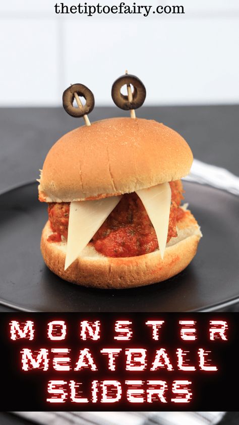 Monster Meatball Sliders, Halloween Meatball Sliders, Monster Sliders Halloween, Halloween Sliders, Halloween Meatballs, Spooky Dinner, Themed Recipes, Halloween Food Dinner, Meatball Sliders