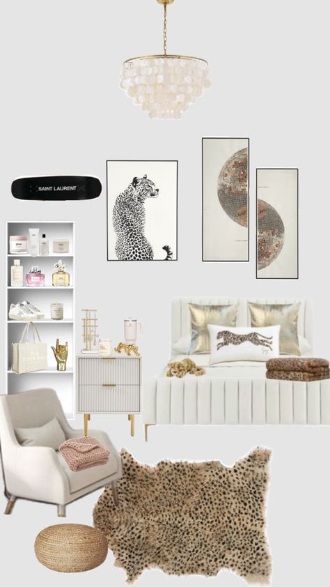 Glamour Aesthetic Bedroom, Moodboard Room Decor, White Room Gold Accents, Bedroom Ideas With Wallpaper Accent Wall, Room Ideas With Gray Walls, Cute Room Pictures, Black White And Gold Room Ideas, Black White Gold Room Bedrooms, Cool Girl Room Decor