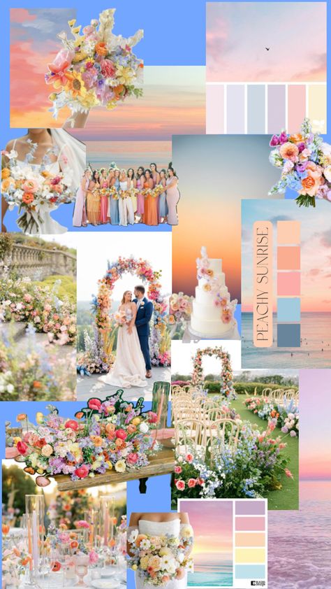 Summer Color Wedding Theme, Romantic Colorful Wedding, Wedding Theme Pastel Colors, Sunset Floral Wedding, Spring Floral Wedding Theme, Spring Colour Wedding, Sunrise Theme Wedding, Sunset Colours Wedding, Beach Wedding Colorful