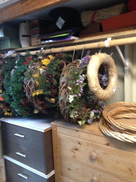 Storage for wreaths Going to use a clothesline in storage shed and cover wreaths with a trash bag Garage Wreath Storage, How To Store Wreaths Storage, Wreath Organization Storage Ideas, Storing Wreaths Ideas, Wreath Storage Ideas Organizing, How To Store Wreaths, Wreath Storage Ideas, Storing Wreaths, Hanging Storage Ideas